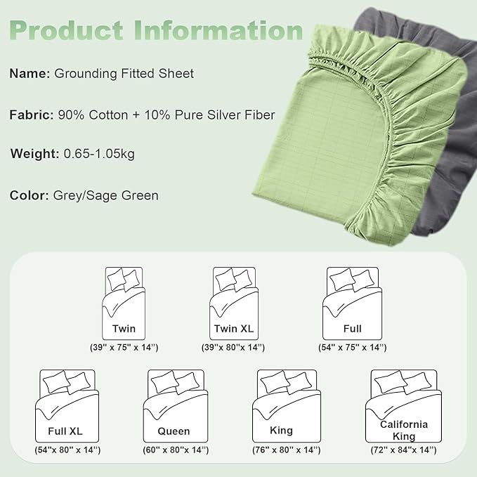 CHALTOUL Grounding Sheets Twin XL Premium Cotton for Healthy Sleep Therapy, Deep Pocket Grounding Fitted Sheets Includes Grounding Cord (Gray, Twin XL -39"x80"x14")