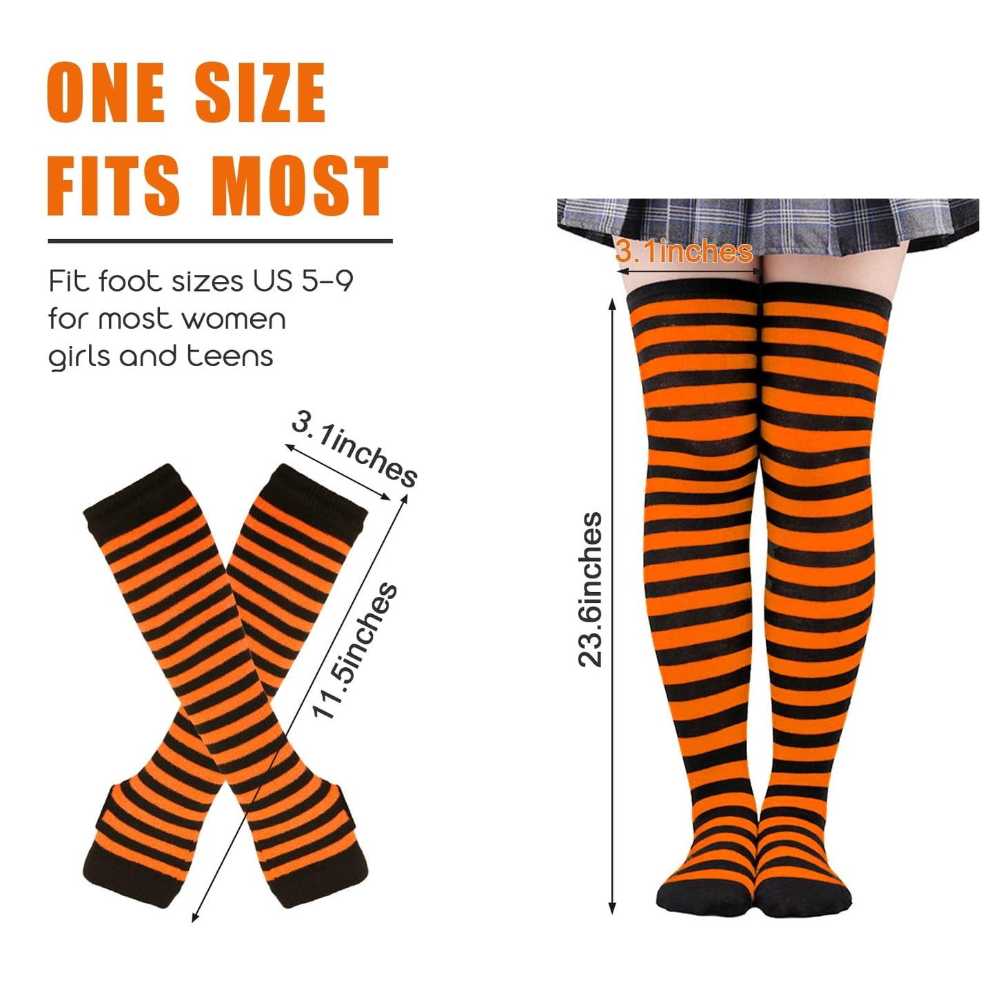 Barrlves 2/4 Sets Womens Striped Knee High Socks Long Knitted Arm Warmers Fingerless Gloves for Halloween Costume (2sets Rose+Neon)