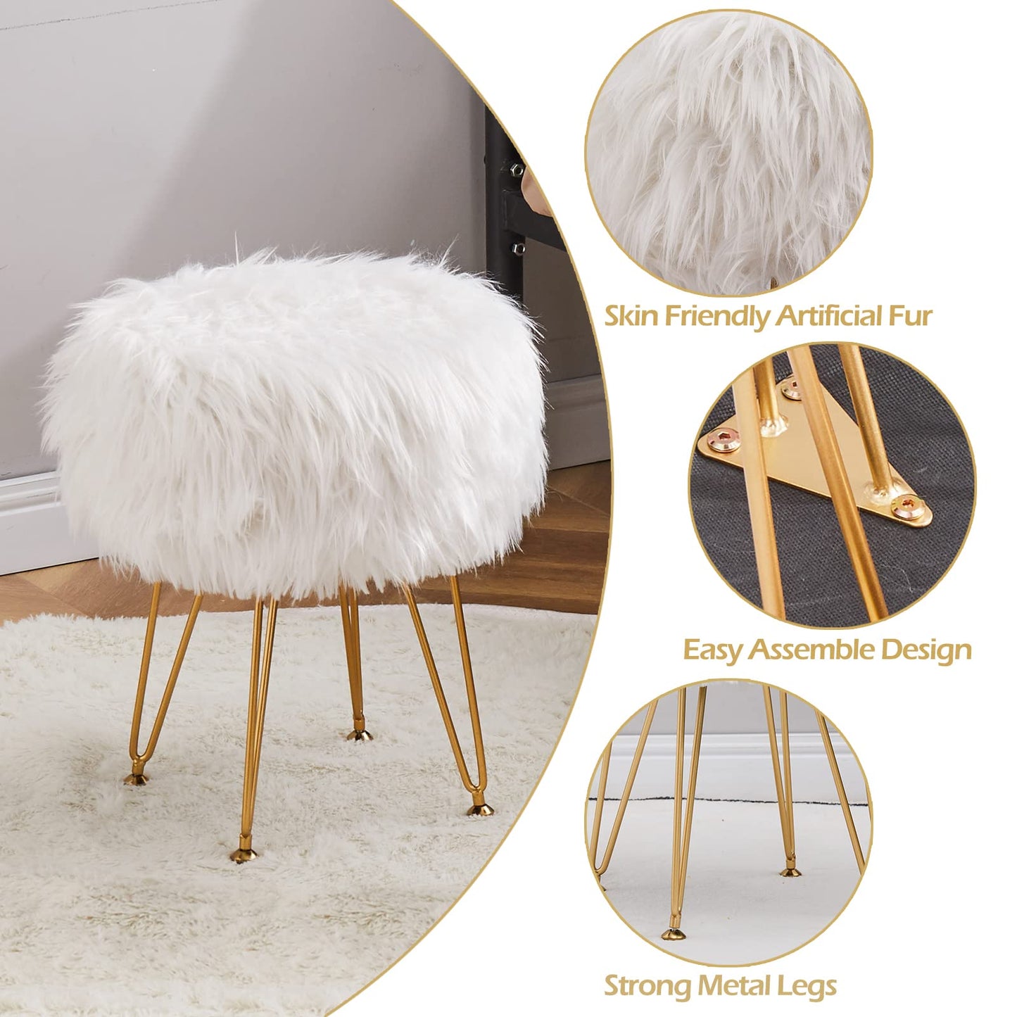 Mxfurhawa Faux Fur Storage Ottoman Round Furry Vanity Stool Marble Grain Tray Coffee Table Compact Footrest with 4 Metal Legs Soft Makeup Seat Foot Stool for Living Room Bedroom Entryway White