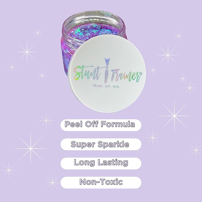 Stunt Trainer Cheer Glitter Face Body Makeup Peel Off Gel Chunky Holographic 15 Colors 1.6oz Vegan Cruelty Free Nontoxic Cheerleader Cheerleading Makeup