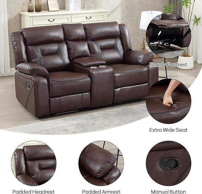 EBELLO Manual Faux Leather Loveseat Recliner, 2 Seat Reclining Sofa Chair with Center Console, Hidden Storage and Cup Holders, Daul Recliner for Living Room, Meeting Room, Dark Brown (Loveseat)
