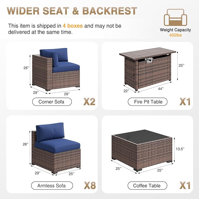 Aoxun Patio Furniture Sets, 12-Piece Outdoor Patio Furniture with 44'' Propane Gas Firepit Table, Wicker Outdoor Conversation Set Sectional Sofa for Backyard, Poolside, Garden