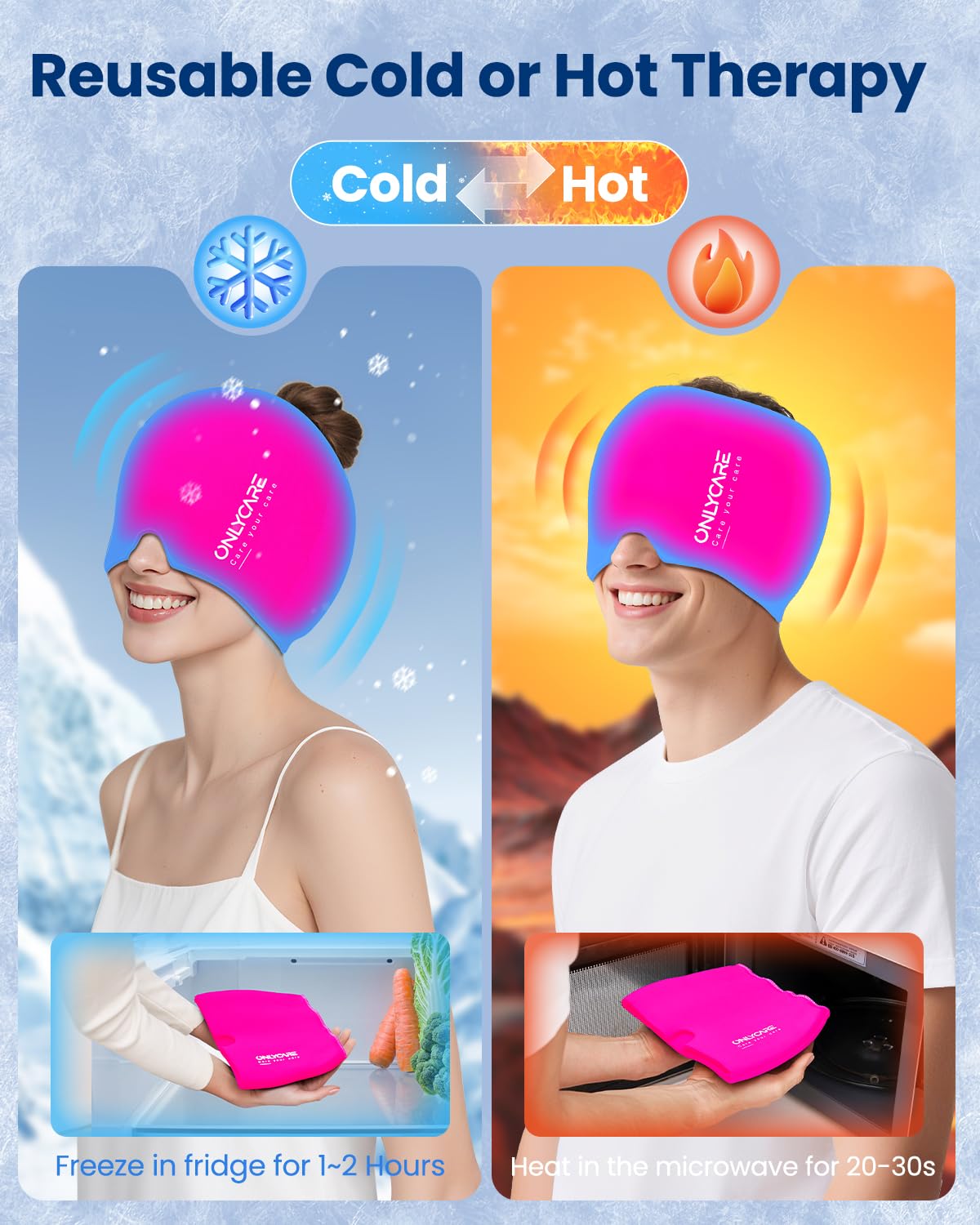 Migraine Relief Cap, ONLYCARE Headache Relief Cap, Soothing Migraine Mask, Odorless Gel Ice Head Wrap, Hot & Cold Therapy, Reusable Ice Pack for Tension and Stress (ROS Red)