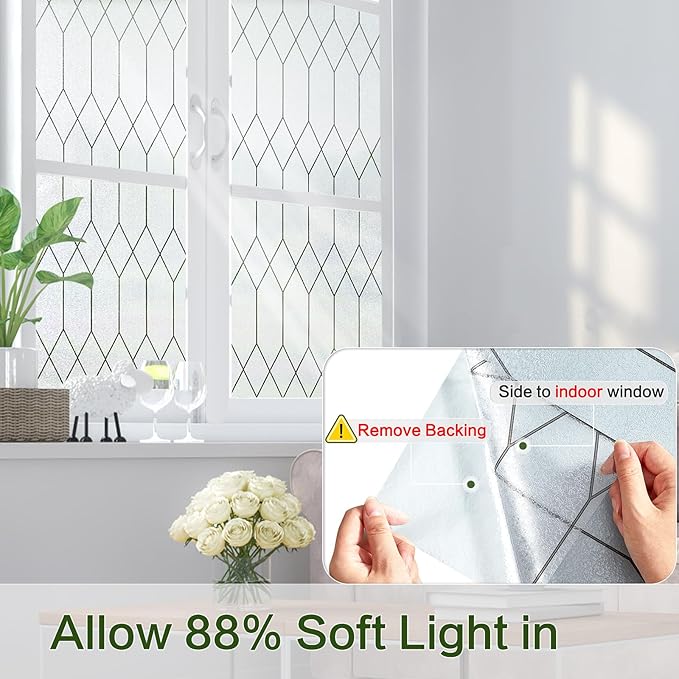 Windimiley Window Privacy Film Stained Glass Static Clings, Bathroom Frosted Leaded Decorative Window Stickers, UV Heat Blocking Opaque Removable for Home Door Coverings (35.4 x 157.5in,Pure)