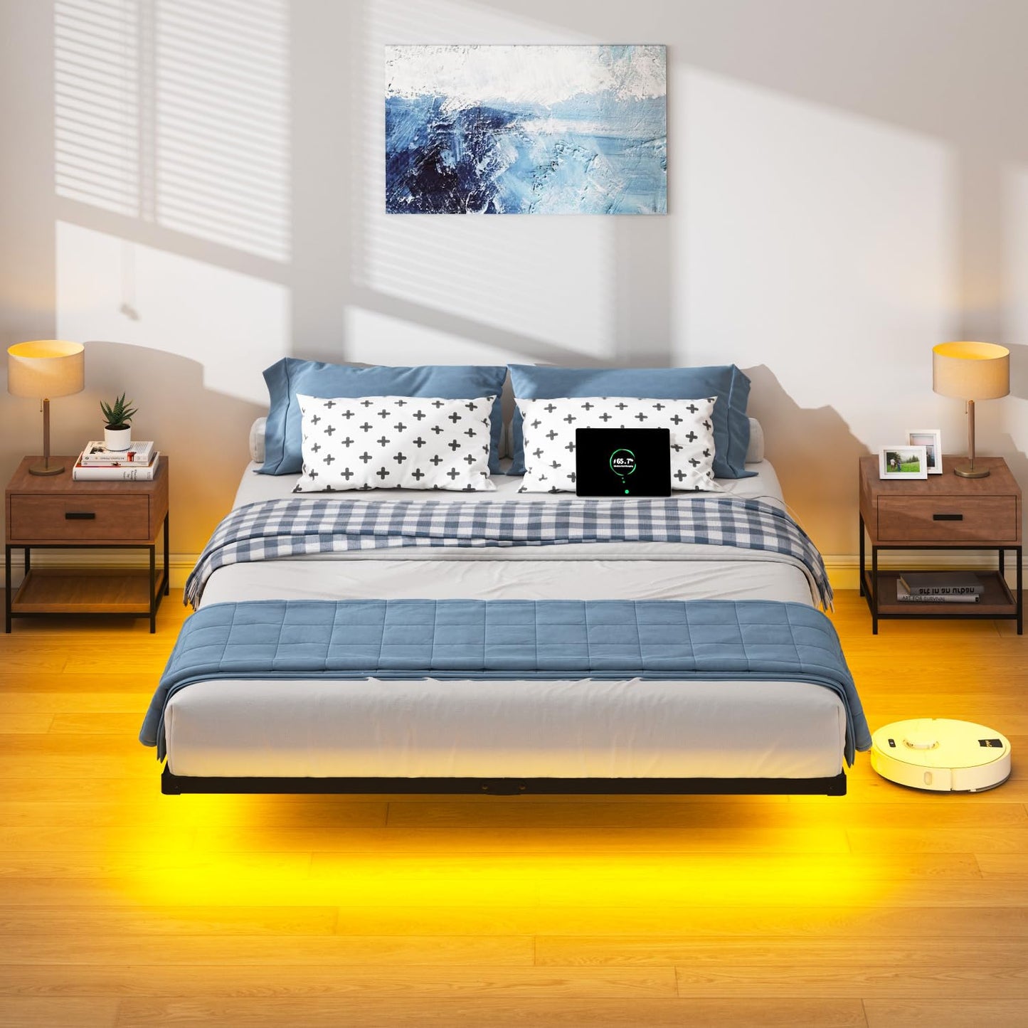 HAVONIZD Floating Bed Frame Queen with LED Lights and Charging Station - 8 inch Platform Bed Frame No Box Spring Needed, Easy Assembly