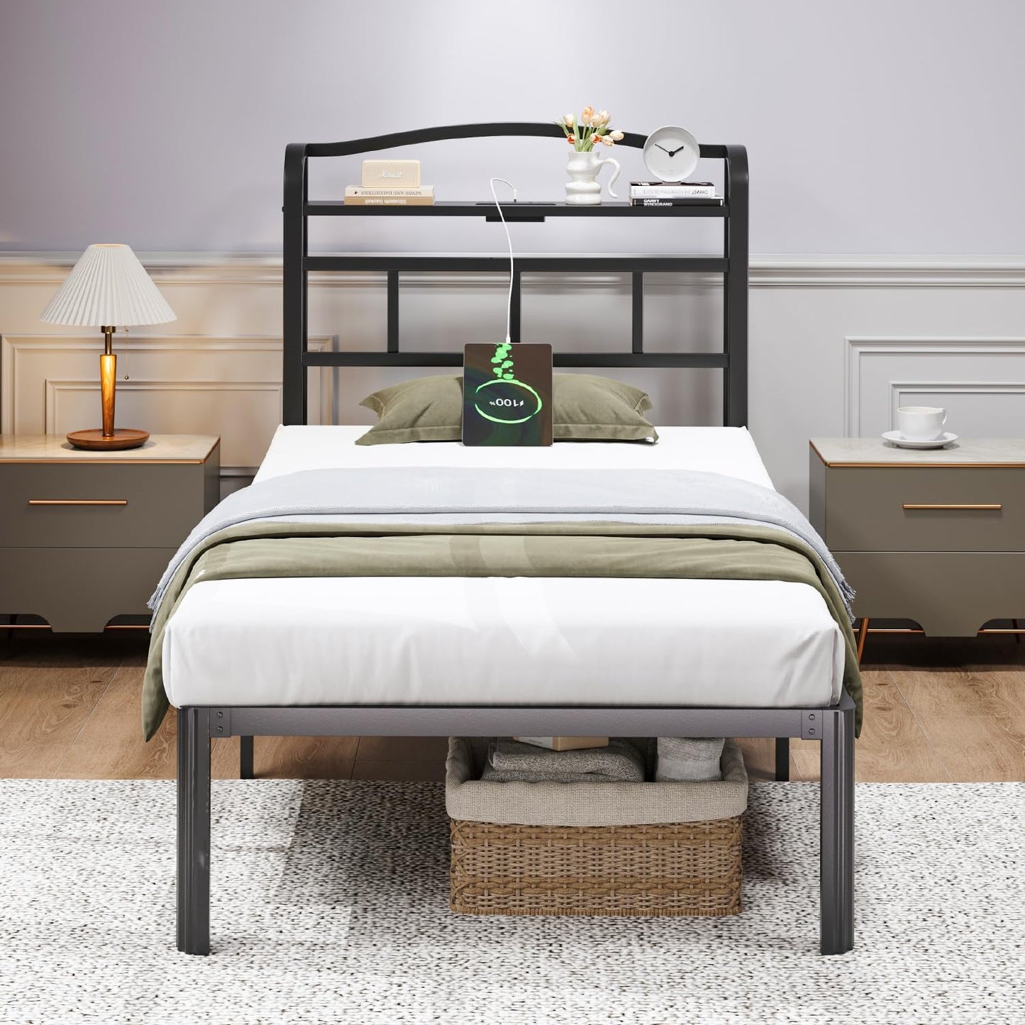 HAVONIZD Twin Bed Frame - Storage Headboard with Charging Station, 14 Inch Sturdy Metal Platform Bed Frame No Box Spring Needed, Easy Assembly, No Noise, Black