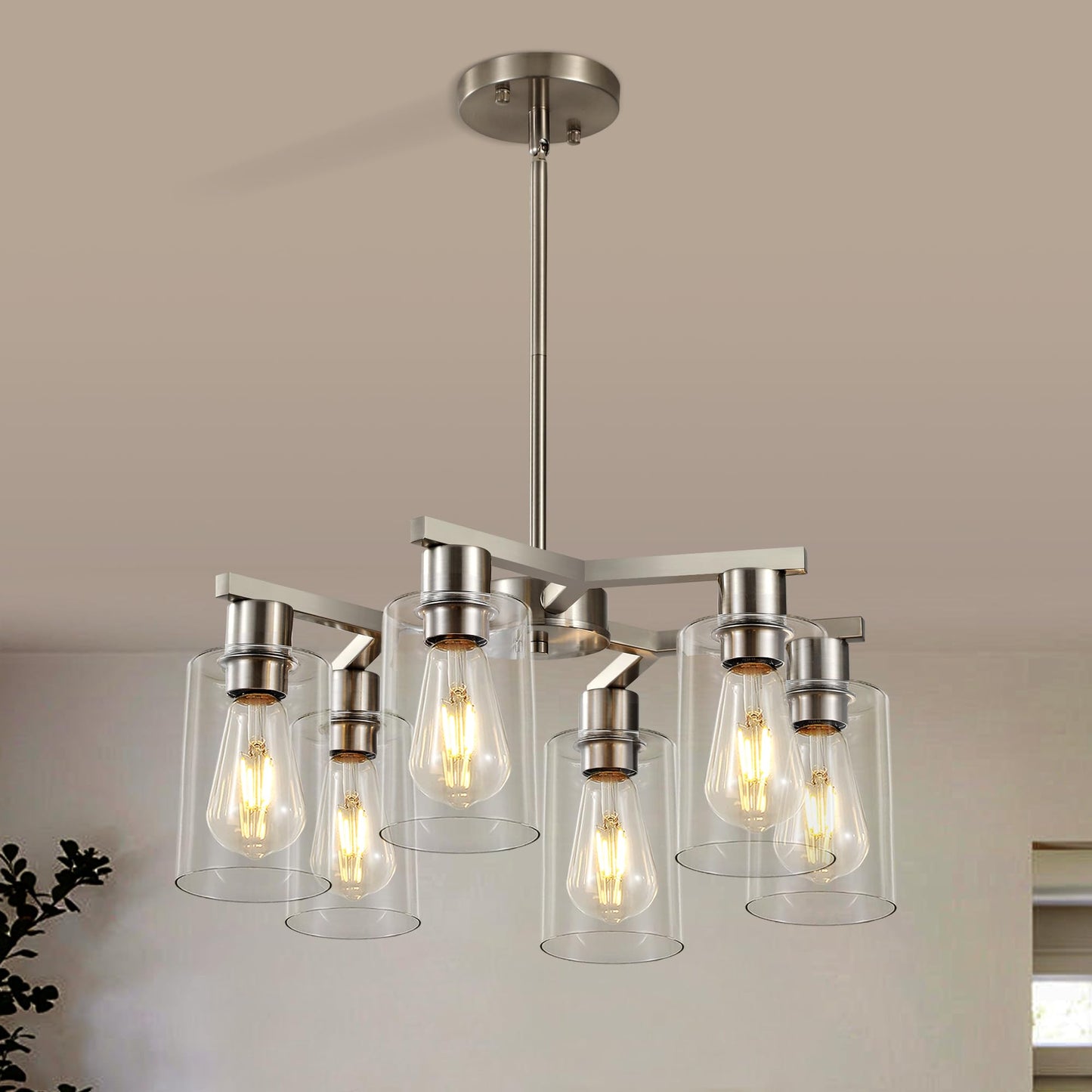 Kvaeavn 6-Light Modern Farmhouse Brushed Nickel Chandelier, Dining Room Light Fixture Over Table Adjustable Height Hanging Industrial Pendant Lights Kitchen Island, Clear Glass Shade