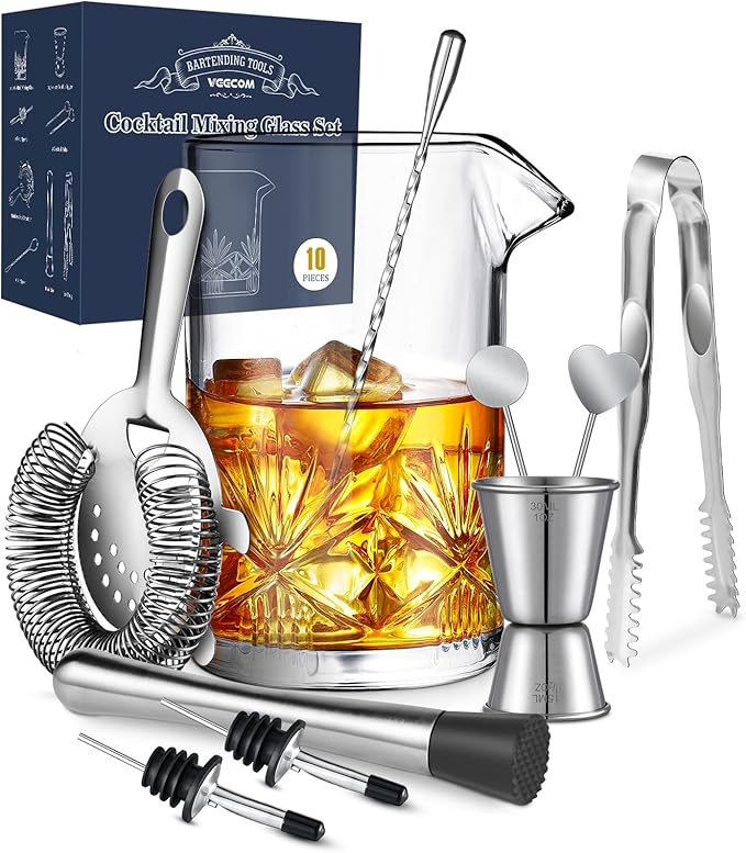 Cocktail Mixing Glass, veecom 18oz Mixing Glass 10 Piece Old Fashioned Kit, Cocktail Mixing Glass Set Bartender Kit with C...