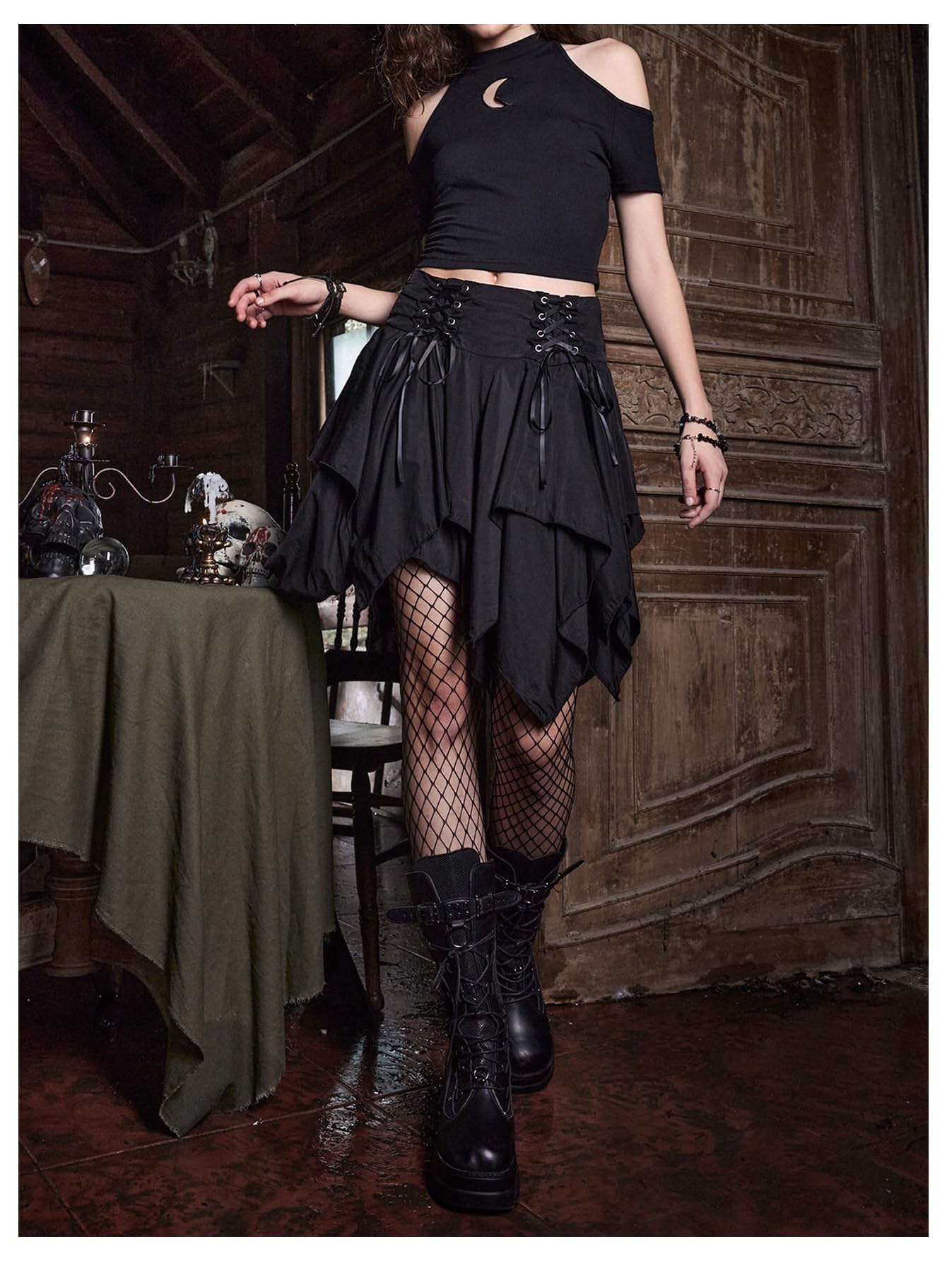 Verdusa Women's Goth Fairy Layered Skirt Renaissance Skort Lace Up Asymmetrical Mini Skirts Black Small