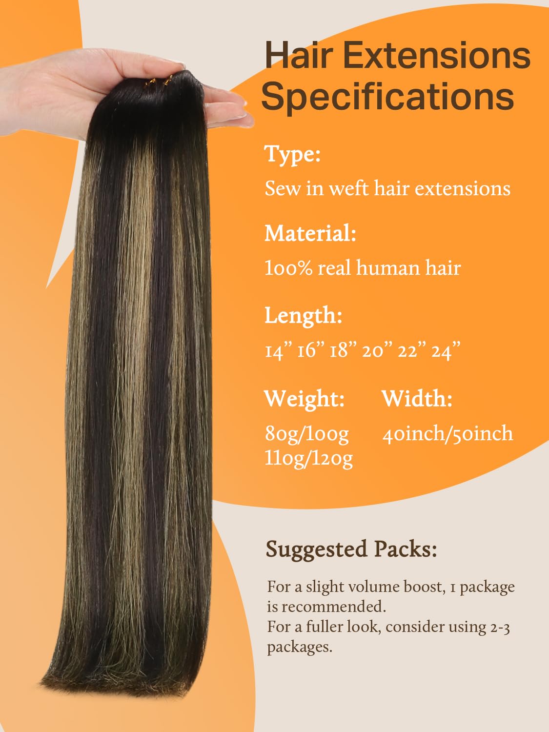 DOORES Sew in Hair Extensions 18 Inch 100g Balayage Natural Black to Light Blonde Human Hair Extensions Sew in Full Head Remy We