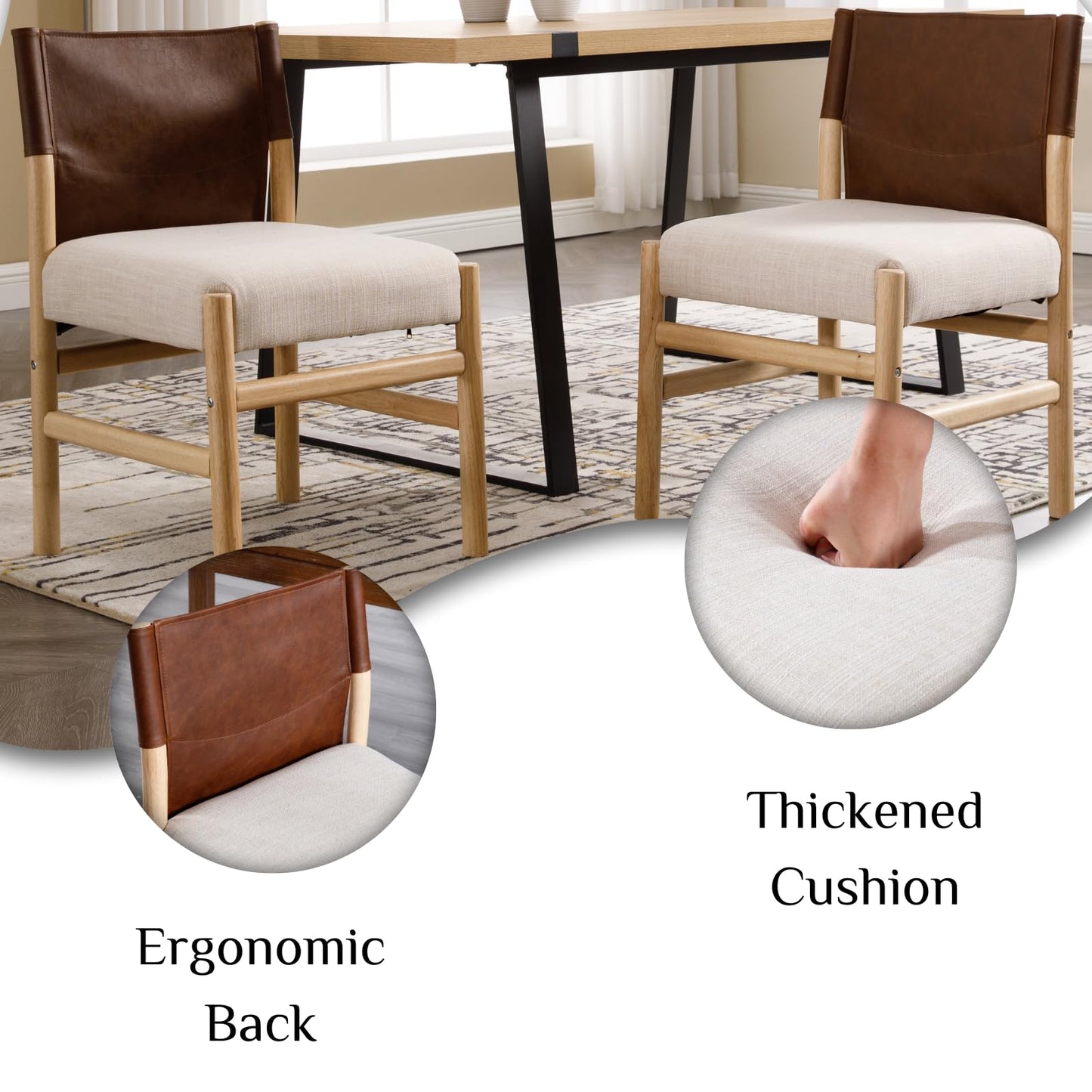 RIVOVA Modern Dining Room Chairs Set of 2, Farmhouse Upholstered Fabric Kitchen Chairs with Leather Back, Wooden Side Armless Chair for Kitchen and Dining, Beige Linen