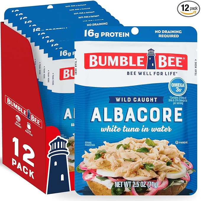 Bumble Bee Chunk White Albacore Tuna in Water, 2.5 oz Pouches (Pack of 12) - Ready to Eat Wild Caught Tuna Packet - 16g Pr...