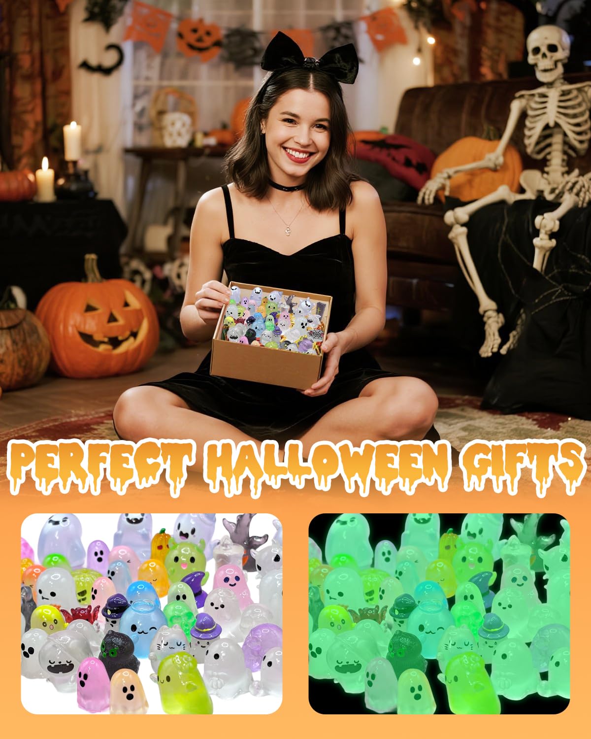 Piemow 72 Pcs Halloween Mini Resin Animals Figures Kit - Luminous Tiny Resin Figurines Accessories, Glow in The Dark Miniature Ghost Figurines for Halloween Party, Micro Landscape, Tabletop Decor