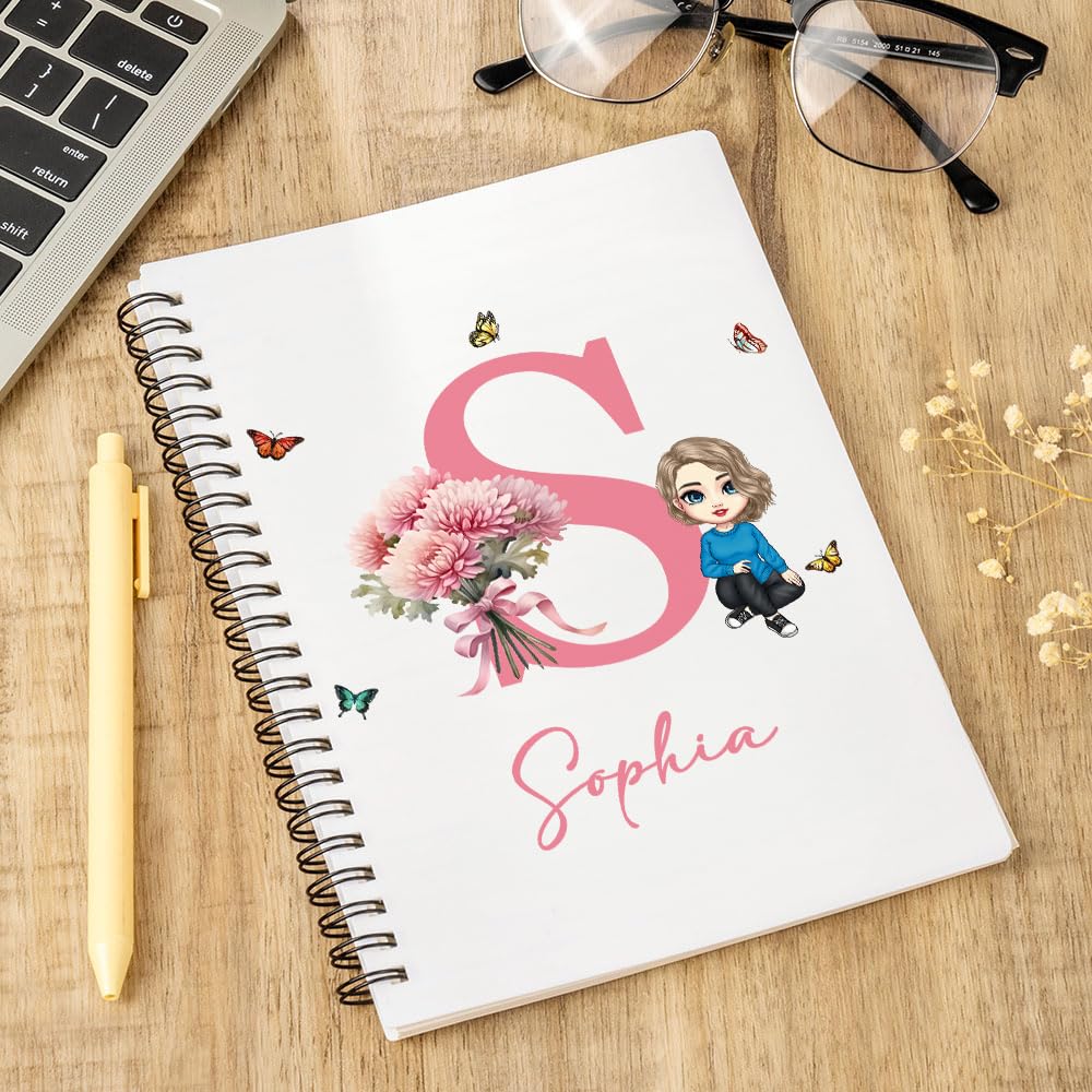 callie Personalized Notebook for Women kid, Custom Cartoon Character Birth Flower Bouquet Name A5 Spiral Notebook with 120 Lined Pages and Initial, Birthday Journal Gift for Women