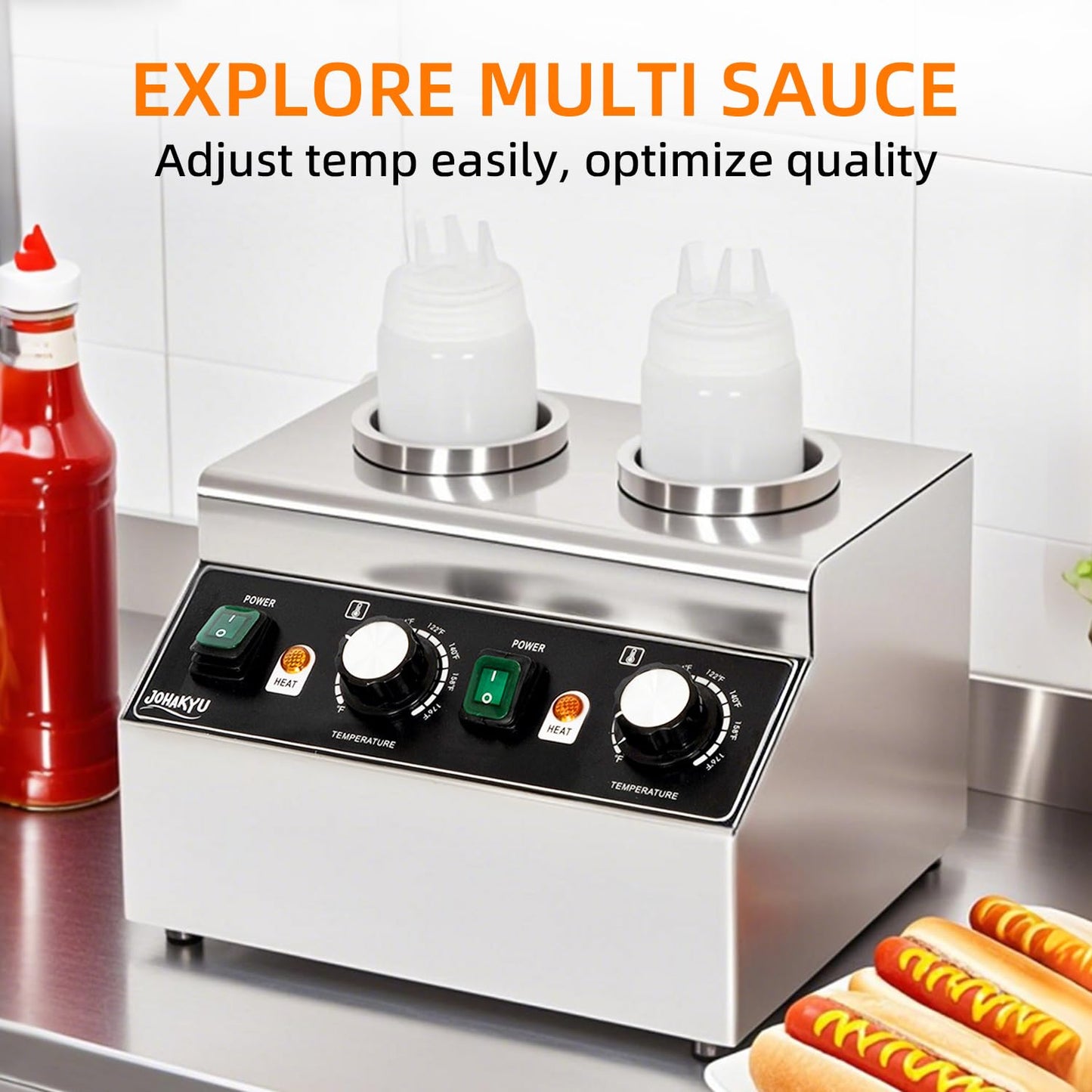 JOHAKYU Commercial Electric Sauce Warmer Dispenser – Stainless Steel Countertop Hot Fudge/Nacho Cheese Warmer with 2×650ml Squeeze Bottles and 2 Funnels (2 Grids)