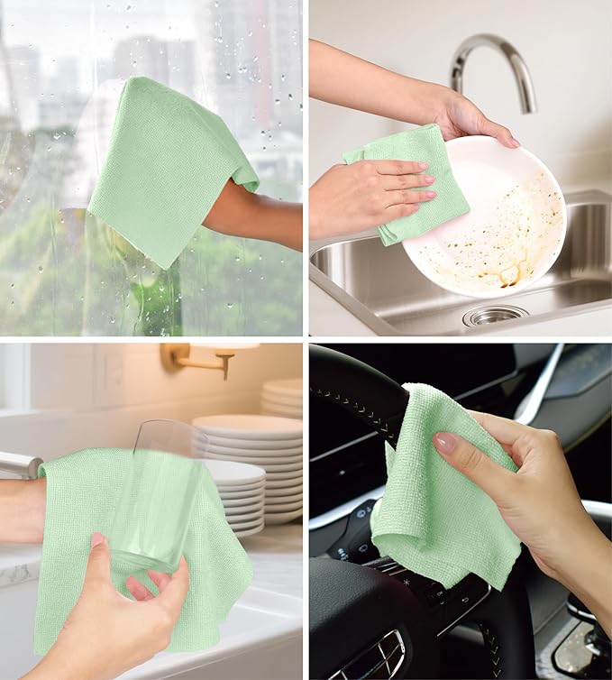 Microfiber Cleaning Cloth Roll–100 Pack, Tear Away Microfiber Towels, Reusable, Washable, Scratch-Free, Kitchen Towels for Car, Home, Kitchen, Glass, Dishes(Bean Green)
