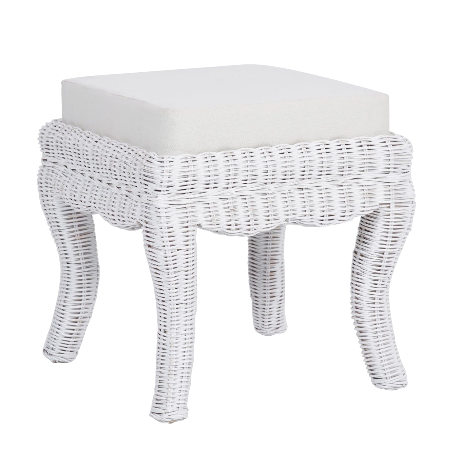 JONATHAN Y VSL1000D Rowan 19.7" Bohemian Designer Woven Rattan/Wood Ottoman Vanity Stool, White Cushion Seat with White Distressed Binded Base, for Living Room, Bedroom, Entryway, Foyer