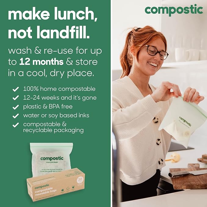 Compostic Home Compostable Resealable Sandwich Bags (7"x7"), Microwave & Freezer Safe, Organic Food Storage Container, 200 Count
