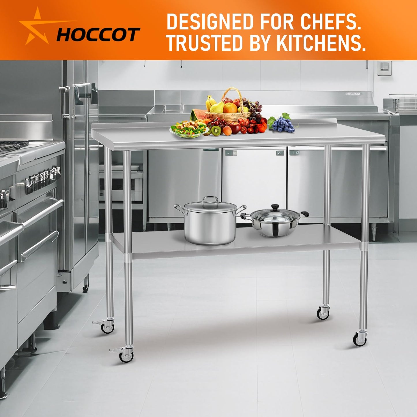 HOCCOT Stainless Steel Prep Table 24" X 48" with Adjustable Undershelf, Backsplash and Wheels, Commercial Metal Workstations for Kitchen, Garage, Outdoor BBQ
