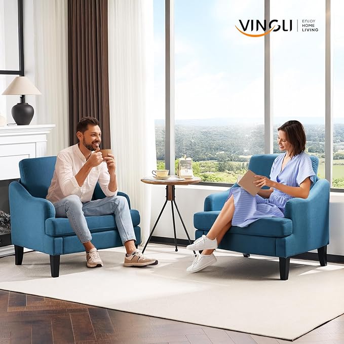 VINGLI Linen Fabric Accent Chairs Set of 2, Navy Blue Modern Upholstered Armchair, Comfy Sofa Chair Living Room Bedroom Furniture for Apartment