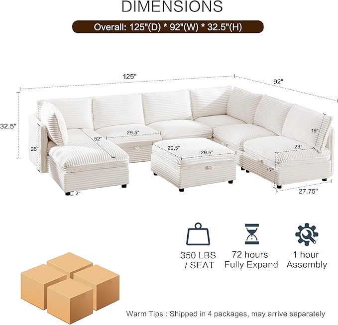 FIRLZY Oversized Modular 8 Seater Sofa with Removable Covers and Storage, Convertible U, L-Shaped and Sleeper Sectional, Modern Corduroy Couches with Ottoman Chaise for Living Room, White
