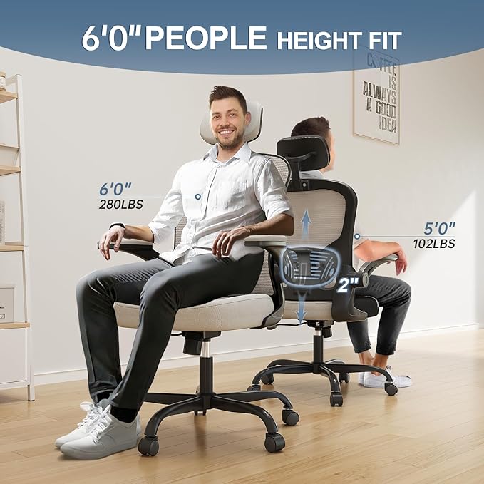 Office Chair Ergonomic Desk Chair, 330LBS Capacity, High Back Computer Chair for Long Hours Comfortable, Rolling Swivel Executive Task Chair for Home Office with Flip-up Armrests, Black Grey