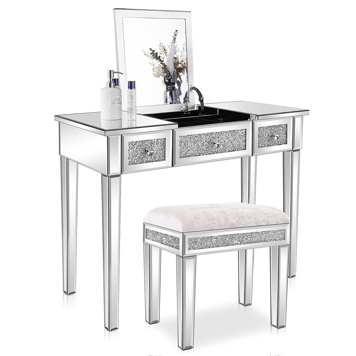 VINGLI Mirrored Vanity Desk With Drawers and Flip Mirror, Glass Table, Silver Makeup Desk for Bedroom/Makeup Room