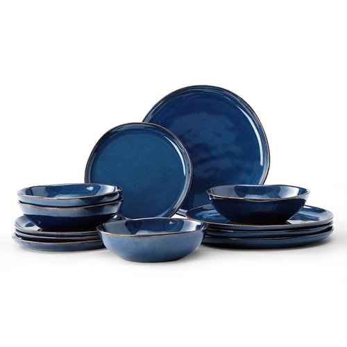 Bestone 12 Pieces Round Kitchen Dinnerware Sets，Plates and Bowls Sets,Dishes, Plates, Bowls, Dish Set, Chip Resistant Ceramic Dinnerware Set, Dishwasher/Microwave Safe,Service for 4,Cobalt Blue
