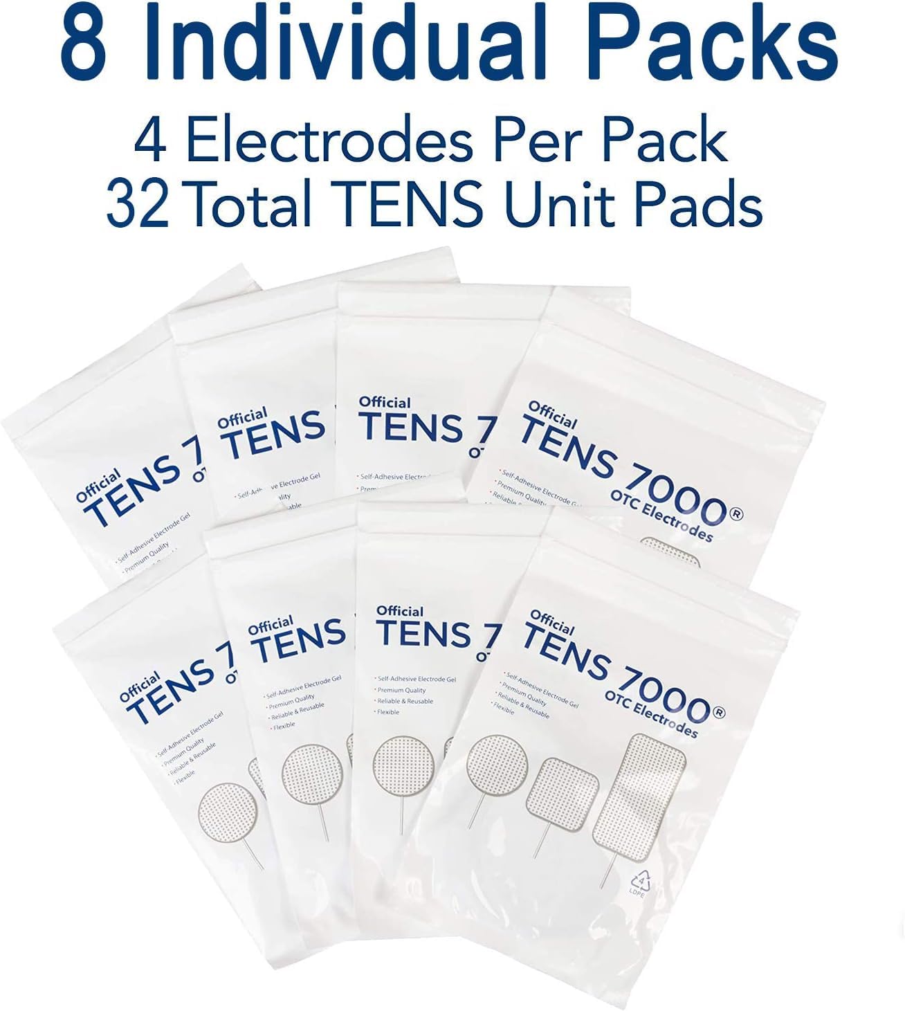 TENS 7000 Official TENS Unit Replacement Pads, 32 Pack, 16-2" X 2", 16-2" X 4" Electrode Pads Compatible with Most TENS Machines Replacement Electrodes Pack