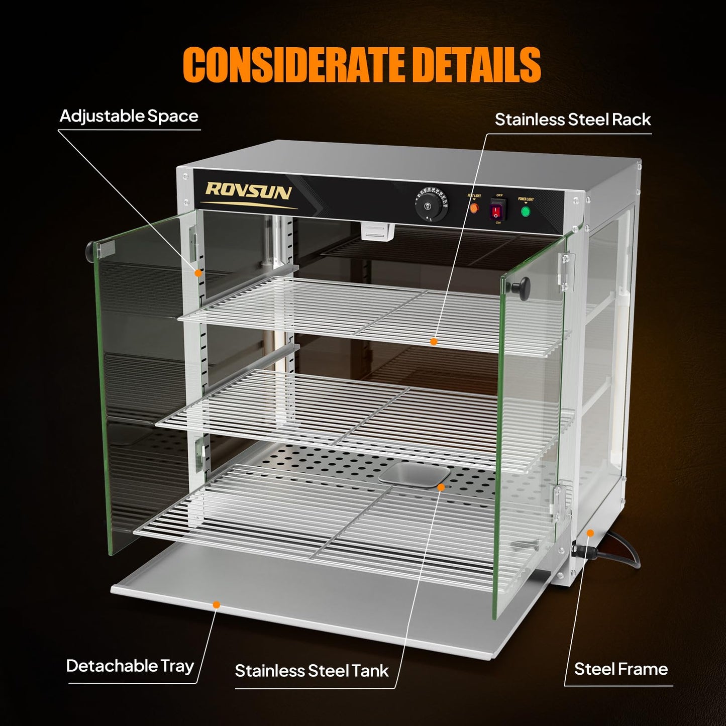 ROVSUN 3-Tier Commercial Food Warmer, 27" Pizza Warmer Food Warmer Display with LED Adjustable Lighting Glass Door Removable Shelves, Countertop Electric Food Warmer for Buffet Restaurant 110V 800W
