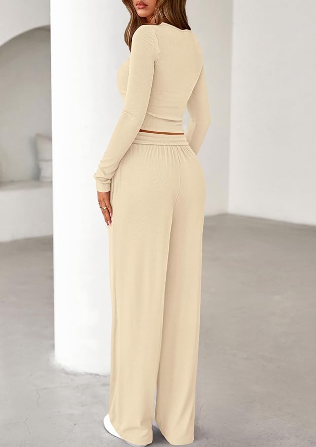 PRETTYGARDEN Women's 2026 Fall Trendy 2 Piece Outfits Lounge Sets Long Sleeve Top Henley Shirts Wide Leg Pants Travel Clothes