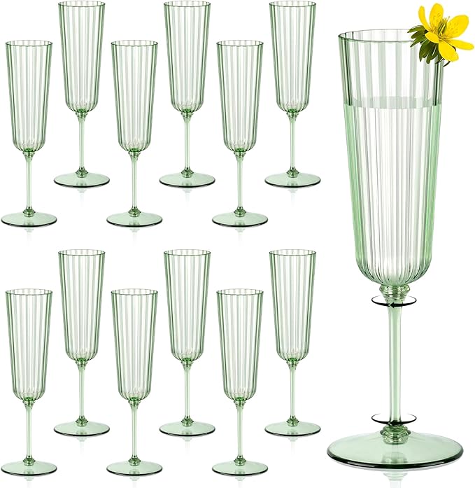 SHIQIKEJIPTY 12 Pack Plastic Champagne Flutes Sage Green Unbreakable Ribbed Champagne Glasses Detachable 5.5 Oz Disposable...