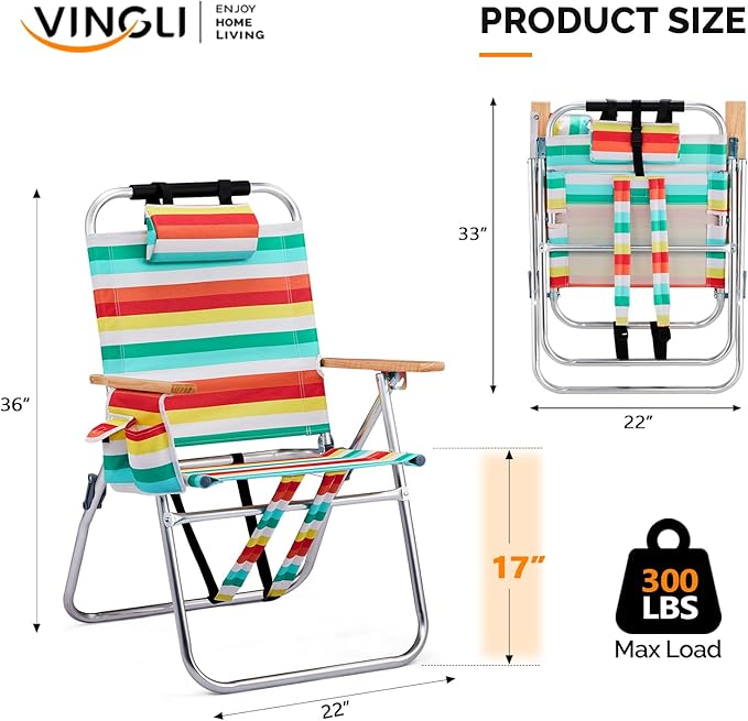 VINGLI Aluminum 17" Backpack Beach Chair – Tall Beach Chairs for Adults, Portable with Adjustable Straps, 3-Position Reclining, Cup Holder, High Lightweight Beach Chairs for Beach