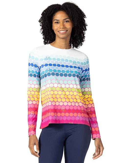 Terry Cycling Jersey Womens Soleil Long Sleeve Flow Relaxed Fit UPF 50+ Bike Tops for Women, Reg. & Plus Sizes - Rainbow Dot, XX Large