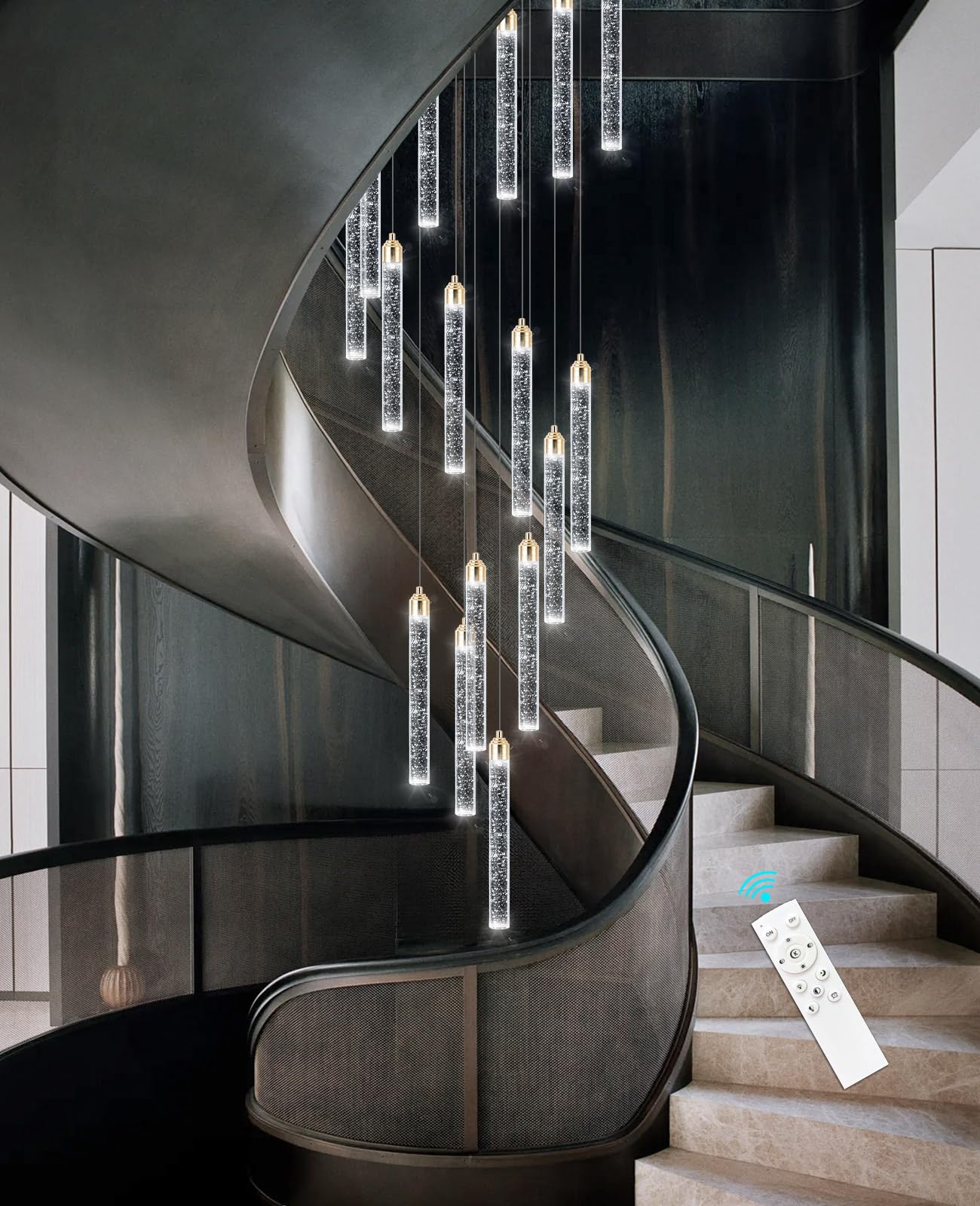 156in Long Light 20-Lights Chandeliers for Entryway LED Dimmable Chandeliers Lighting Fixture Modern Flat Sloped High Ceiling Pendant Lights Crystal Drop Light for Living Room Foyer Hallway Staircase