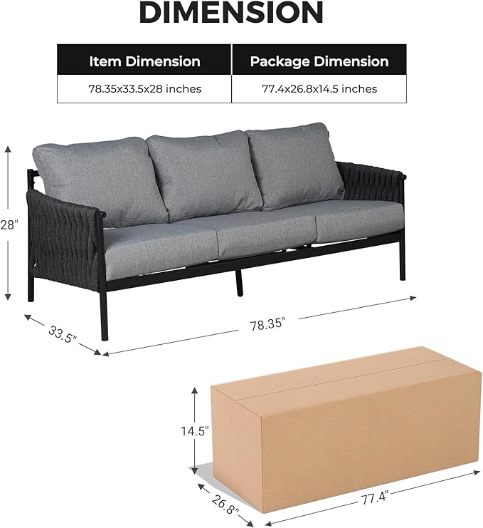 Grand patio Outdoor Furniture Set, Outdoor Sofa 3 Seats, Modern Metal Patio Couch with 6-inch Thick Waterproof Cushions for Porch Deck Backyard, Grey