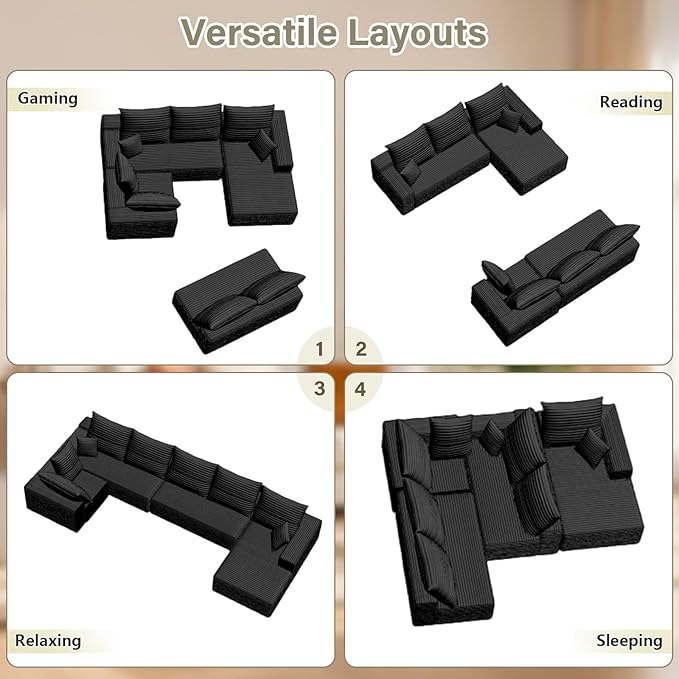 Cloud Sectional Couch with L-Shape Chaise, Modern Modular Comfy Sofa with Deep Seat, Upholstered Corduroy Couches Stupendous U Shaped Sofas for Living Room Bedroom, No Assembly Required, Black