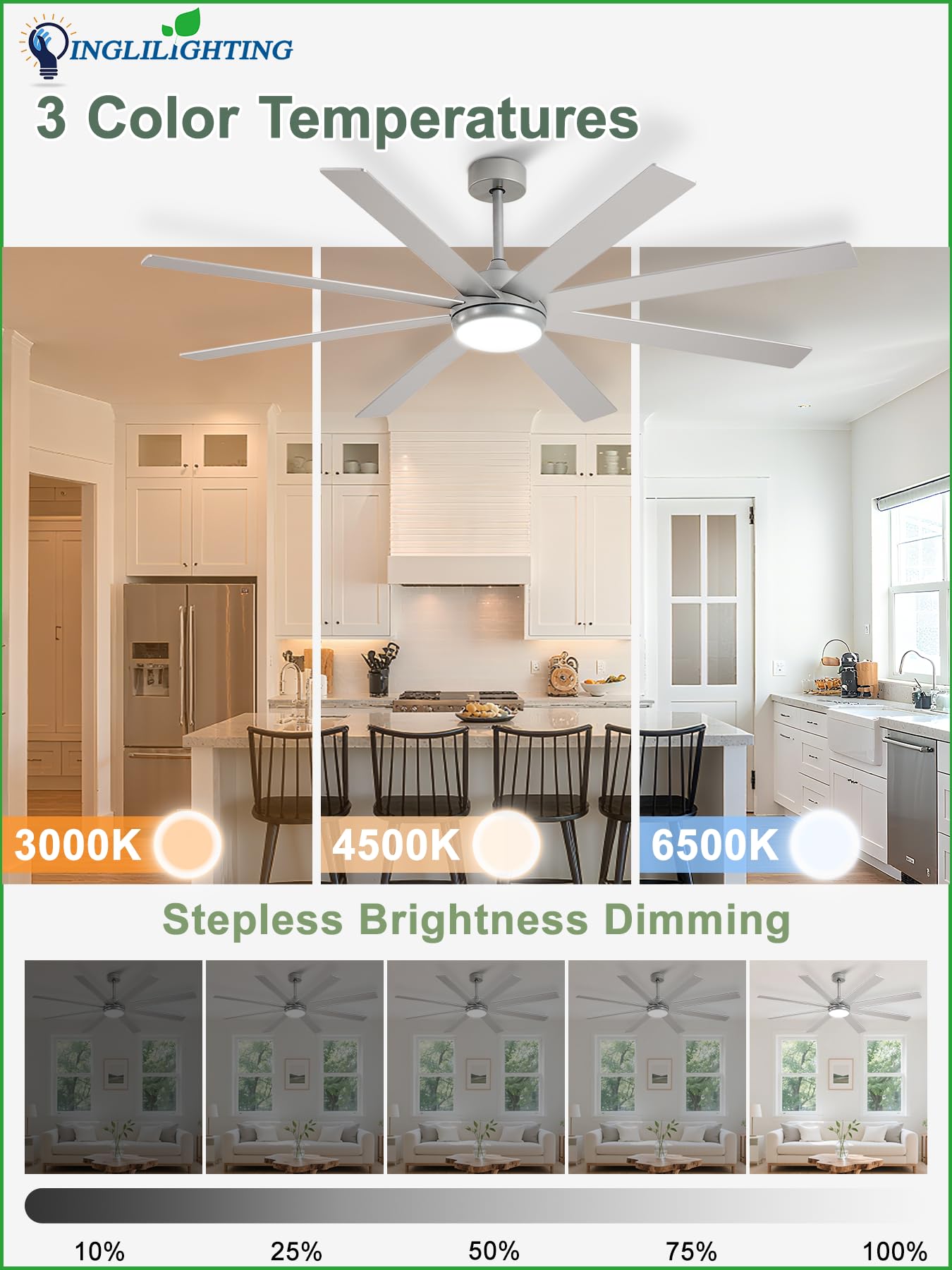 Dllt Large Ceiling Fans With Lights: 66In Modern Indoor/Outdoor Ceiling Fan For Living Room Patio - Silver Ceiling Fans With Rem