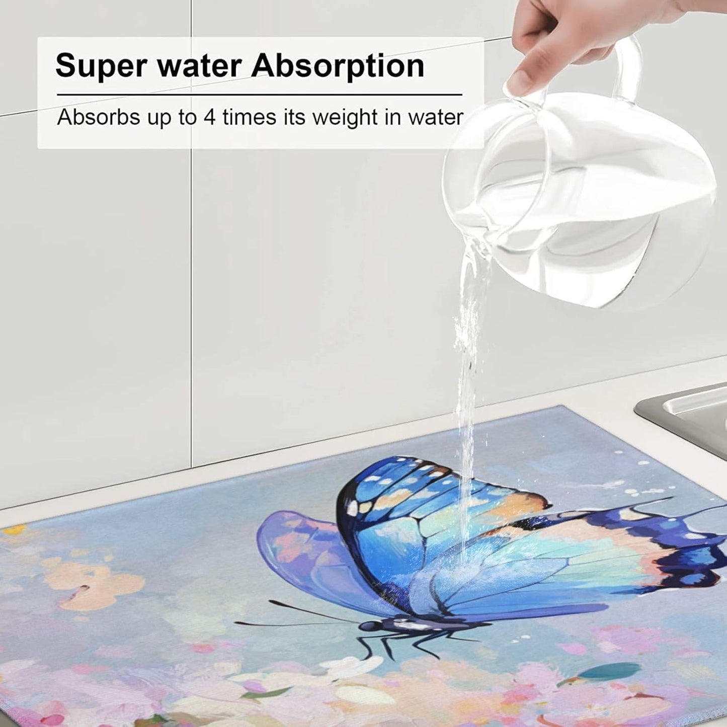 Dish Drying Mat for Kitchen Butterfly Flower Oil Painting Counter Absorbent Dishes Drainer Microfiber Large 18x24 Inch