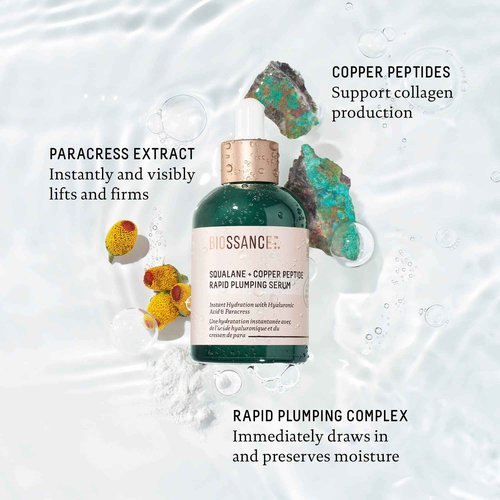 Biossance Squalane + Copper Peptide Rapid Plumping Serum - Face Serum for All Skin Types - Visibly Plumping + Firming Skin, Fine Lines + Wrinkles, Vegan Copper Peptides, Hyaluronic Acid - 1.69oz
