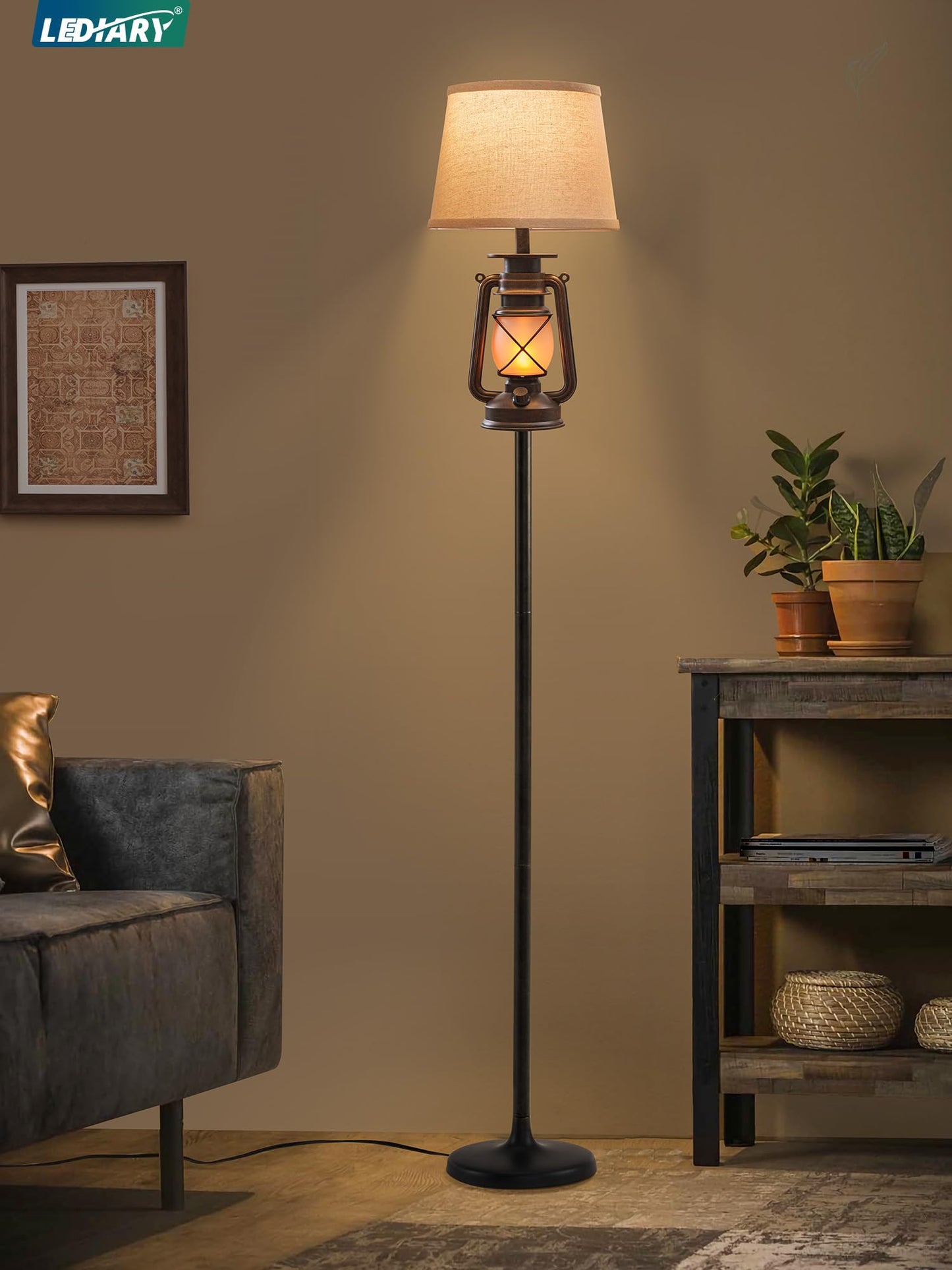 LEDIARY LED Flashing Flame Night Lantern Farmhouse Floor Lamp for Living Room, Rustic Standing Lamp with Beige Linen Drum Lampshade, Lantern Floor Lamps for Bedroom Home Decor