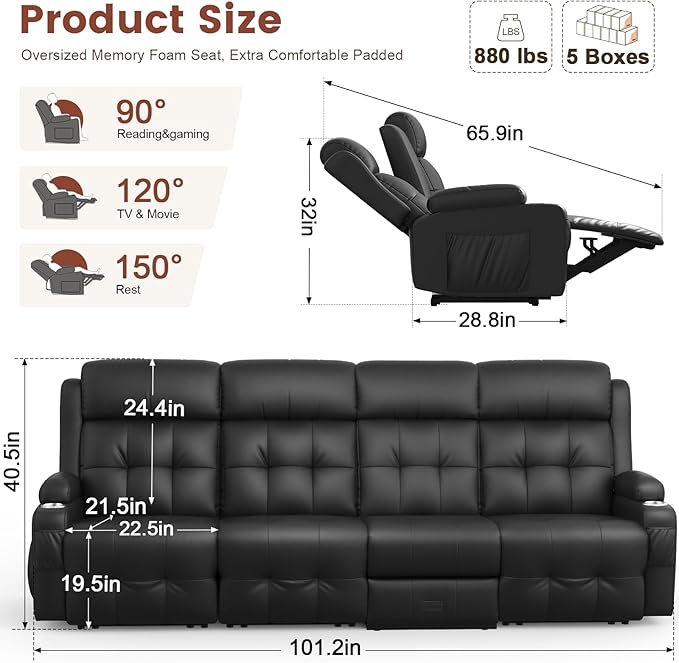 Recliner Sofa, Massage Reclining Sofa 4 Seater Sets Heavy Weight Capacity, RV Loveseat Couch Clearance with Flip Back Console, Storage, Cup Holders, Wall Hugger Reclining Couch for Living Room