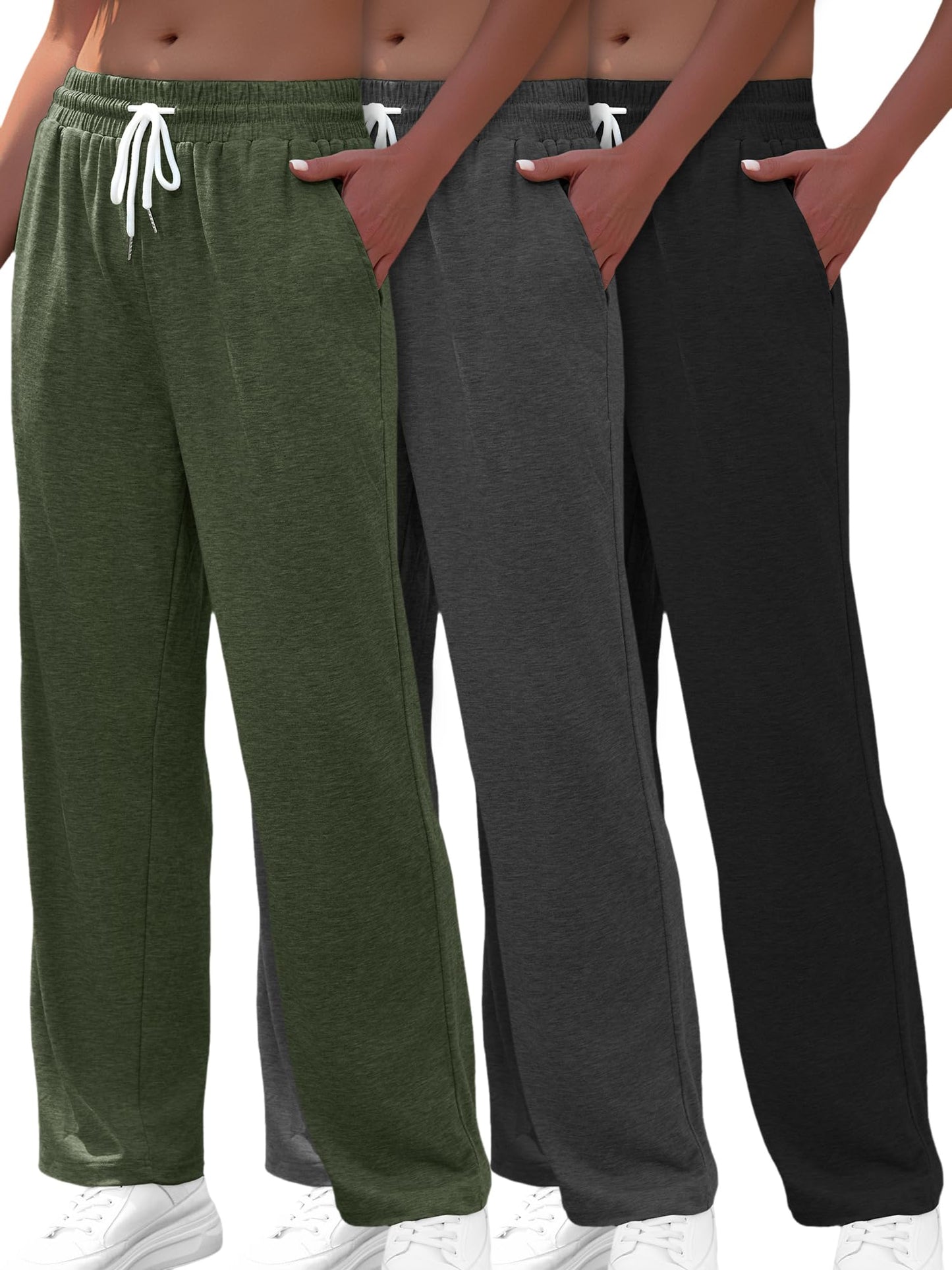 YGOODM Women's Casual Pants 3 Pack - High Waist Wide Leg Bottoms Drawstring Summer Pants with Pockets