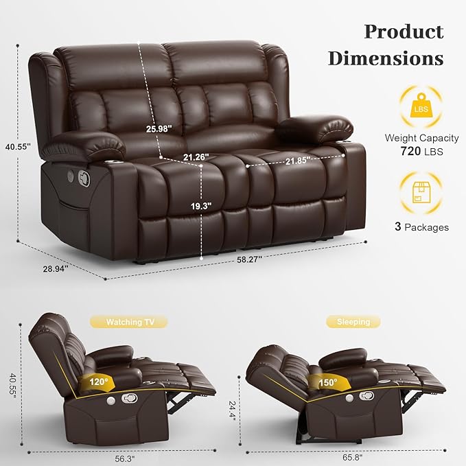 FURNIMAT New Loveseat Recliner Sofa, 2 Seater Reclining Loveseat Sofa, PU Leather Dual Recliner Chair, Modern Loveseat Couch for Living Room, with Cup Holder and USB Ports, Brown