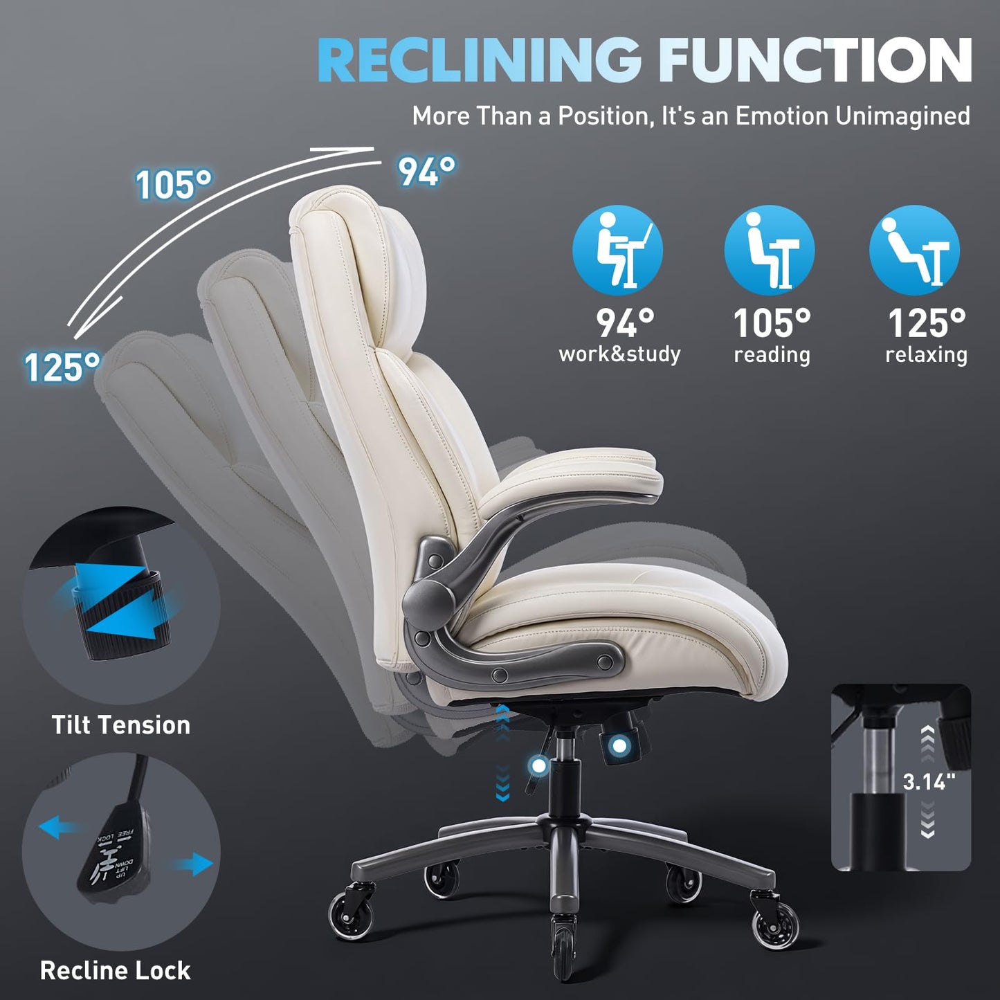 MALOL Ergonomic High-Back PU Leather Executive Office Chairs, Heavy Duty Home Computer Chair with Lumbar Support and Flip-Up Arms, 300lbs, Beige