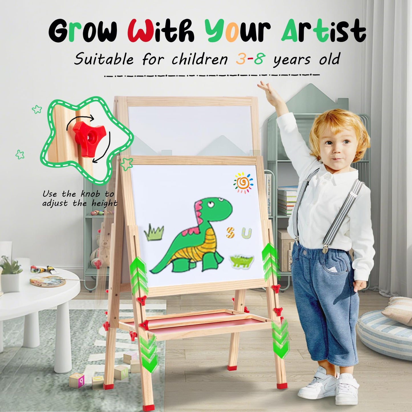 Foldable Kids Painting Easel Double Sided Chalkboard & Magnetic Whiteboard Wooden Art Easel Adjustable Height with Accessories Gift for Toddlers and Kids Ages 3-8