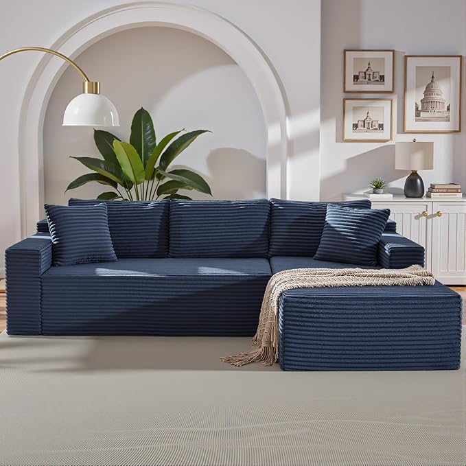 105 Inch Modular Sectional Sofa,Modern Cloud Sectional Couch with Deep Seat,Corduroy Boneless Couches with L-Shape Chaise for Living Room Bedroom,No Assembly Required (Blue, Right Facing Chaise)