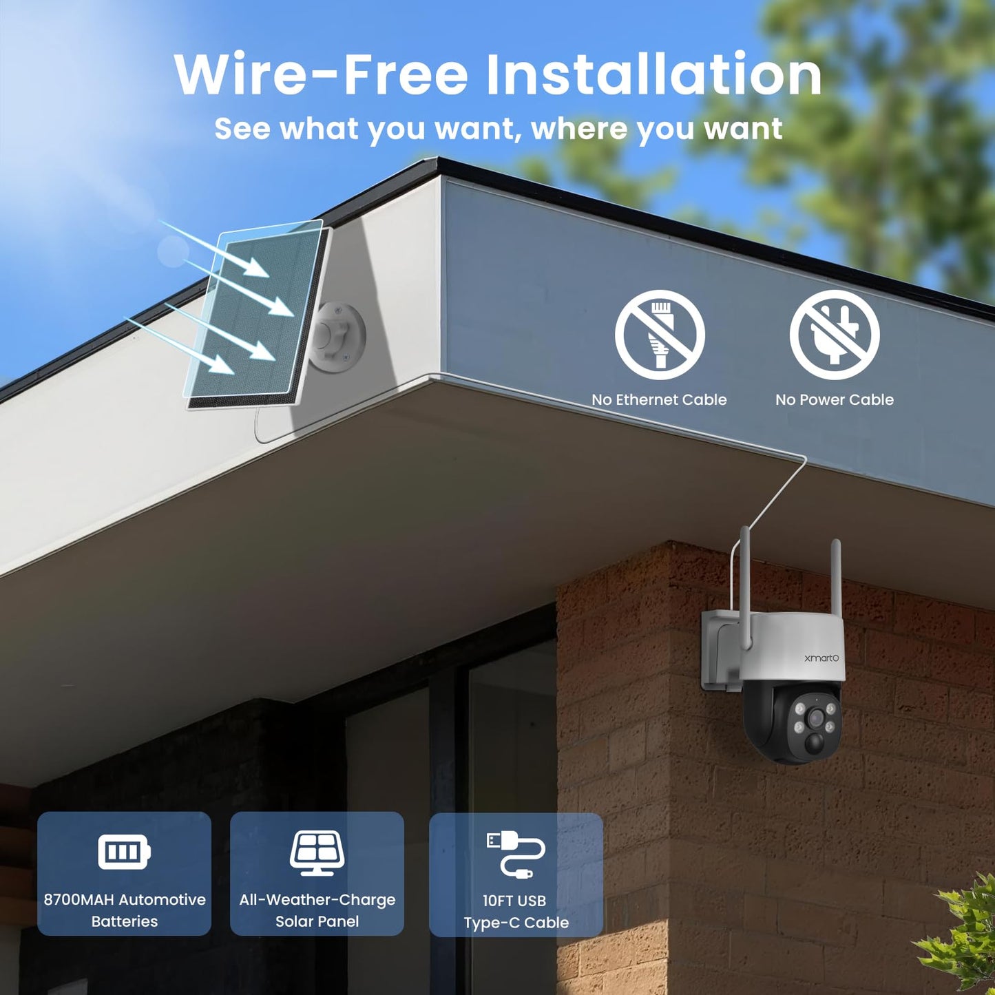 xmartO Solar Camera Outdoor Wireless, 4 PCs QHD 4MP PTZ AI Tracking Security Camera System with 4K 10CH Expandable WiFi NVR, All-Weather Solar Charge, 2-Way Audio, PIR Sensor, No Monthly Fee, 500GB