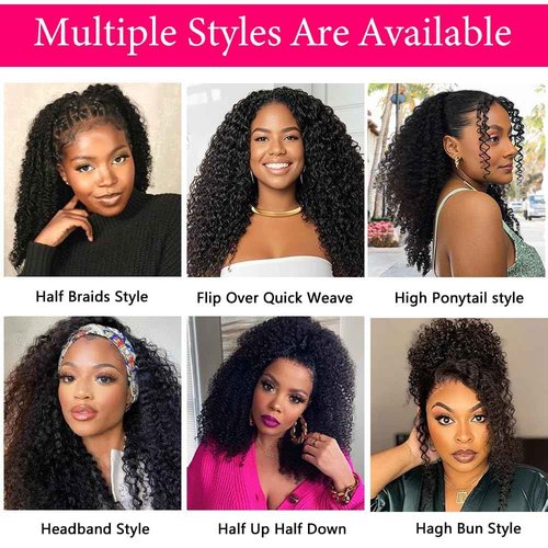 Fuduete 16 Inch Kinky Curly Half Wig Human Hair 200% Density Wear Go Glueless Wigs Human Hair Curly 3 In 1 Half Wigs for Women Drawstring Seamless Flip Headband Wig Beginner Friendly