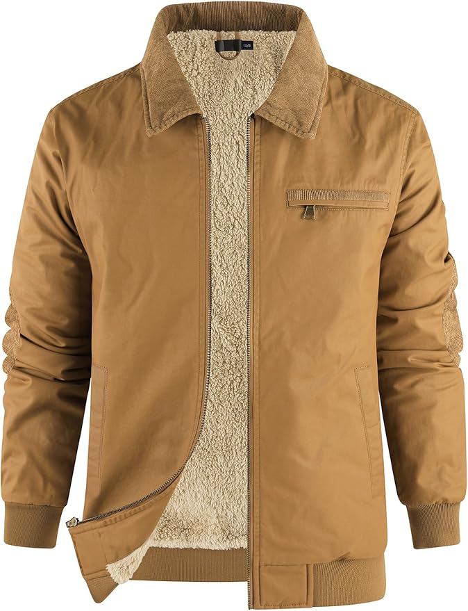 Flygo Mens Sherpa Lined Detroit Jacket Winter Warm Fleece Coat Waxed Washed Canvas Rugged Waterproof Jackets